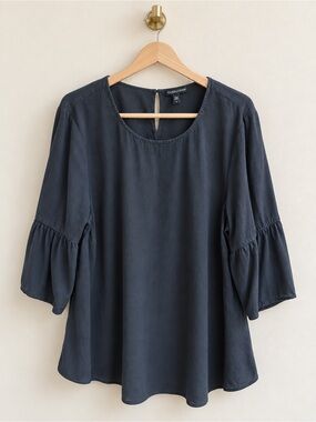 Eileen Fisher Woman 100% Silk Bell Sleeve Blouse Size 1X Charcoal Gray